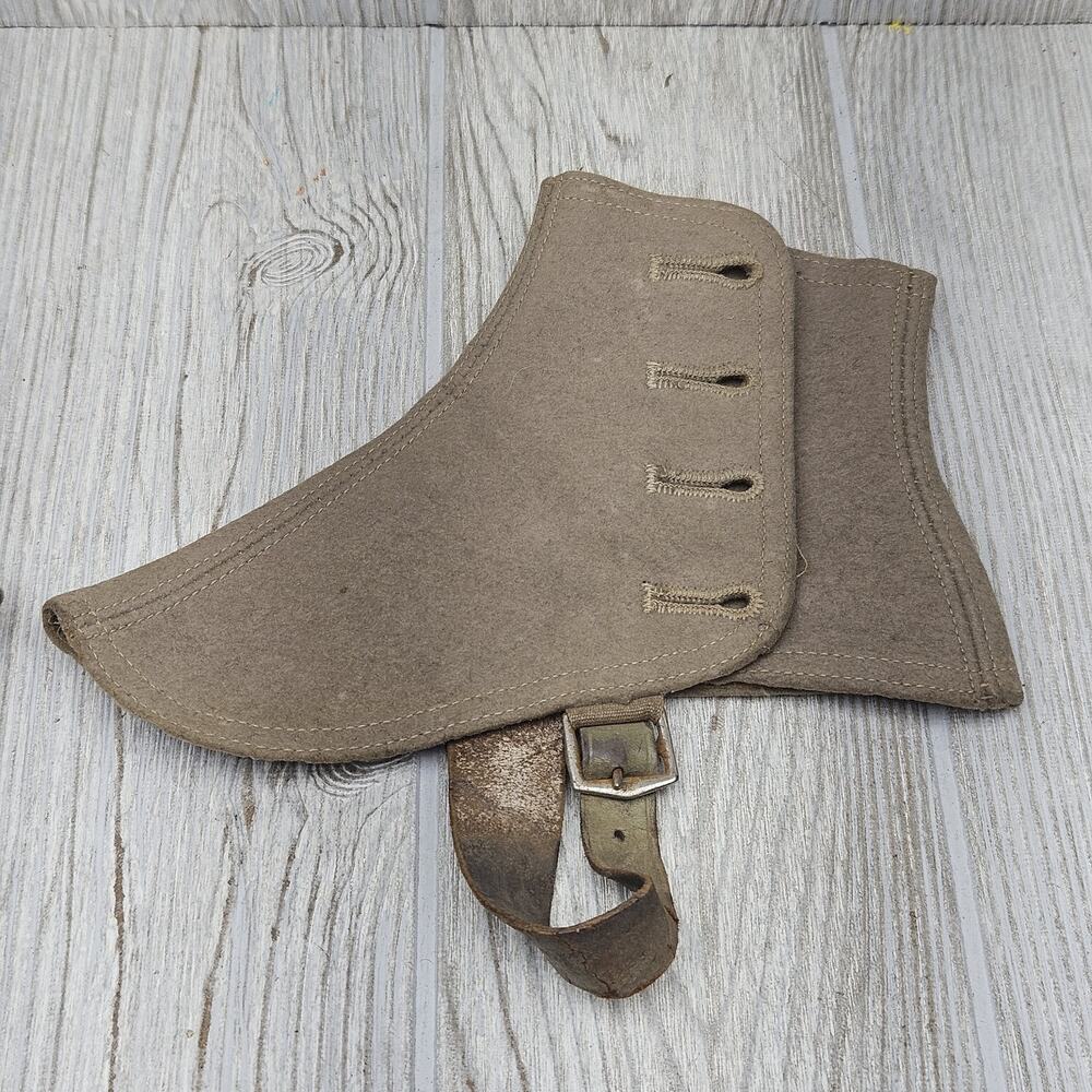 Vintage Military Gaiters Khaki Wool Canvas Puttees Leather Strap Buckle USA WWII - Picture 2 of 6